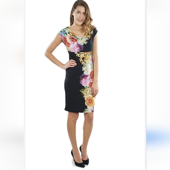 Joseph Ribkoff Black Multi Color Floral Flower Cowl Dress USA10 - Picture 1 of 11
